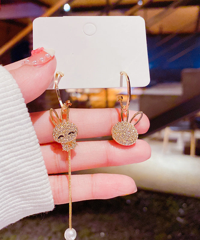 Fashion Gold Sterling Silver Overgild Zircon Asymmetry Little Rabbit Tassel Drop Earrings