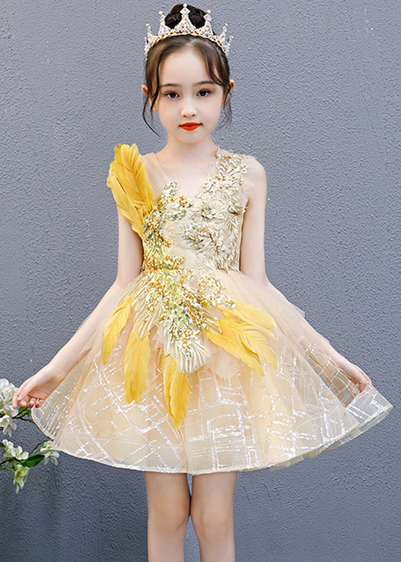 Fashion Gold V Neck Lace Patchwork Tulle Girls Mid Dress Sleeveless