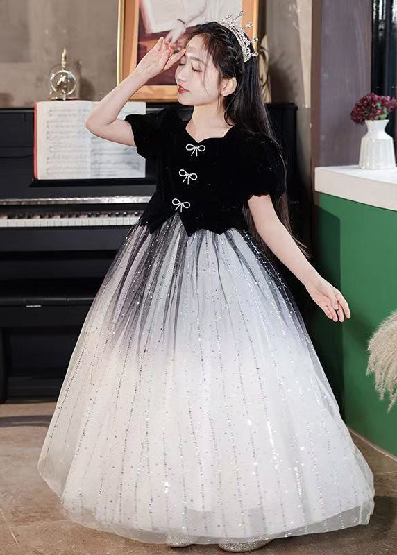 Fashion Gradient Color Black Bow Fake Two Pieces Tulle Kids Maxi Dress Short Sleeve