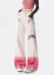 Fashion Gradient Pink Embroideried High Waist Denim Straight Pants Spring