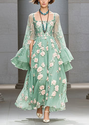 Fashion Grass Green Three-dimensional Floral Chiffon Dress Flare Sleeve