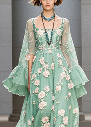 Fashion Grass Green Three-dimensional Floral Chiffon Dress Flare Sleeve