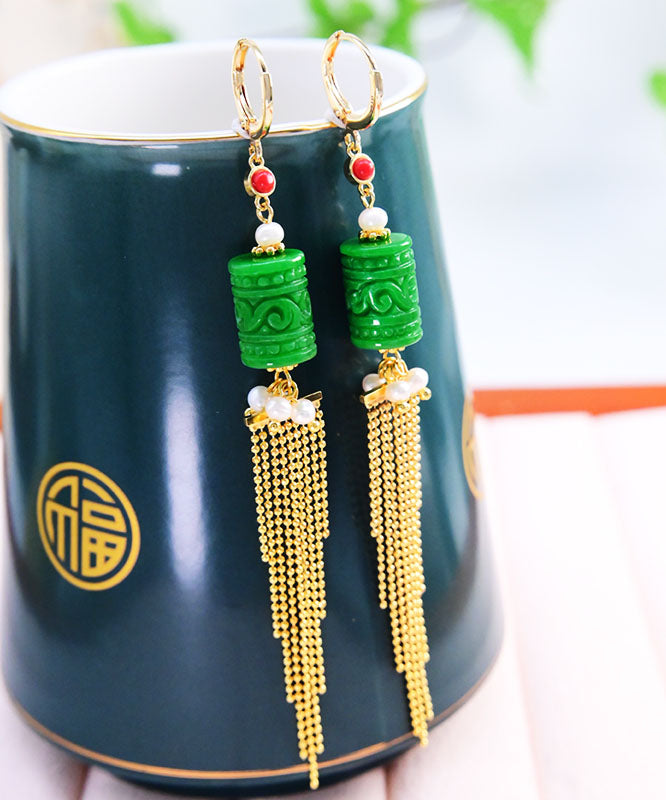 Fashion Green 14K Gold Jade Pearl Dry Green Tassel Drop Earrings