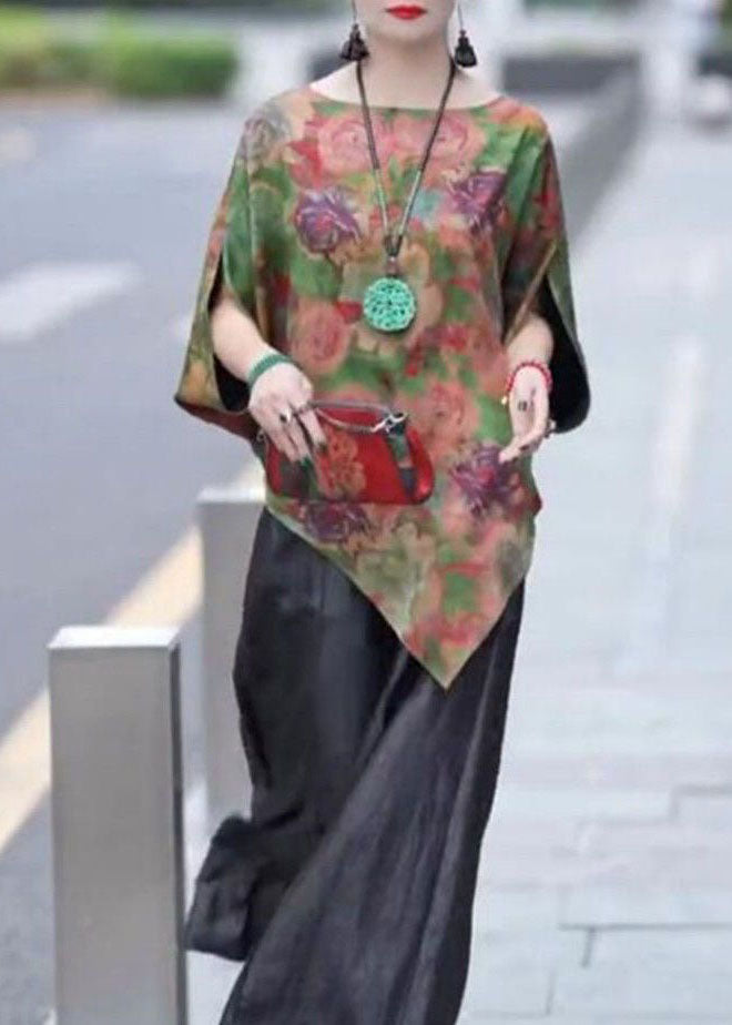 Fashion Green Asymmetrical Print Silk Shirt Tops Bracelet Sleeve