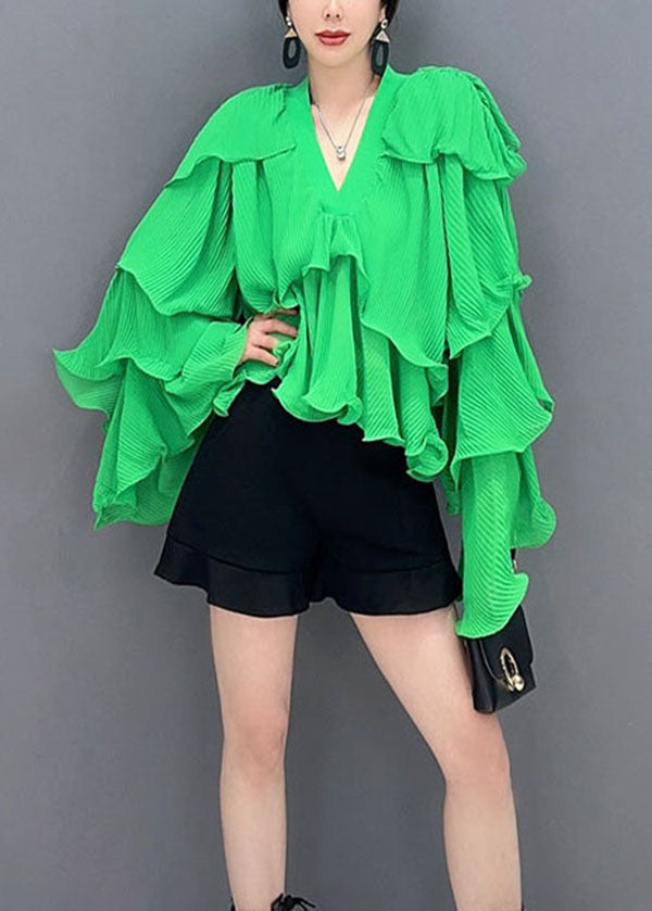 Fashion Green Asymmetrical Ruffled Patchwork Chiffon Tops Spring