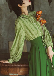 Fashion Green Embroideried Lace Up Cotton Shirt Top Spring