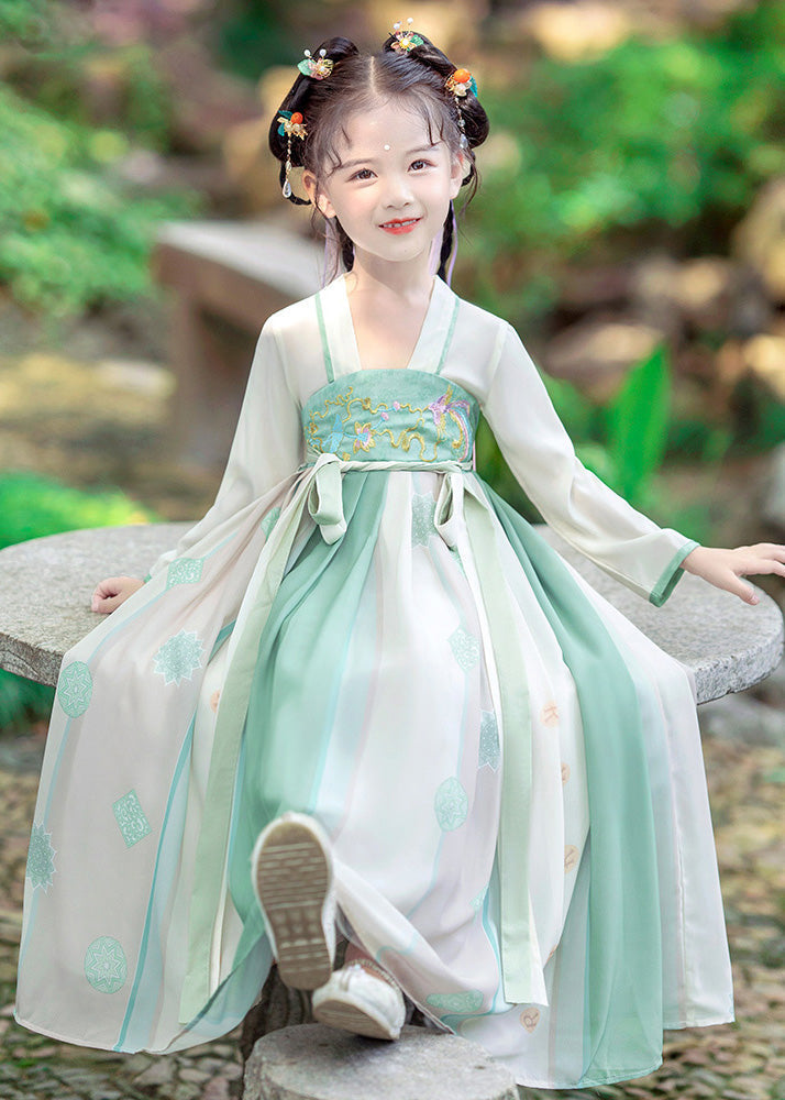 Fashion Green Embroideried Patchwork Tie Waist Kids Girls Long Dress Long Sleeve