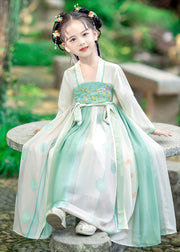 Fashion Green Embroideried Patchwork Tie Waist Kids Girls Long Dress Long Sleeve