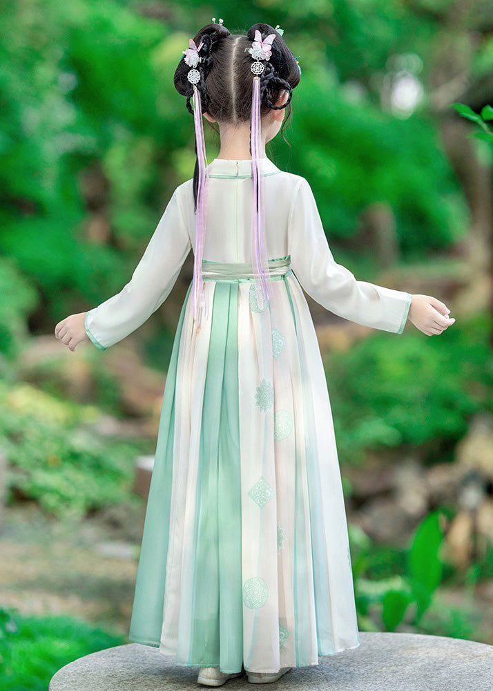 Fashion Green Embroideried Patchwork Tie Waist Kids Girls Long Dress Long Sleeve