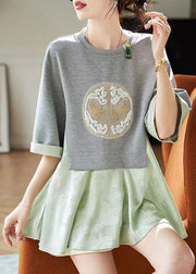 Fashion Green False Two Pieces Print Patchwork Cotton Top Summer