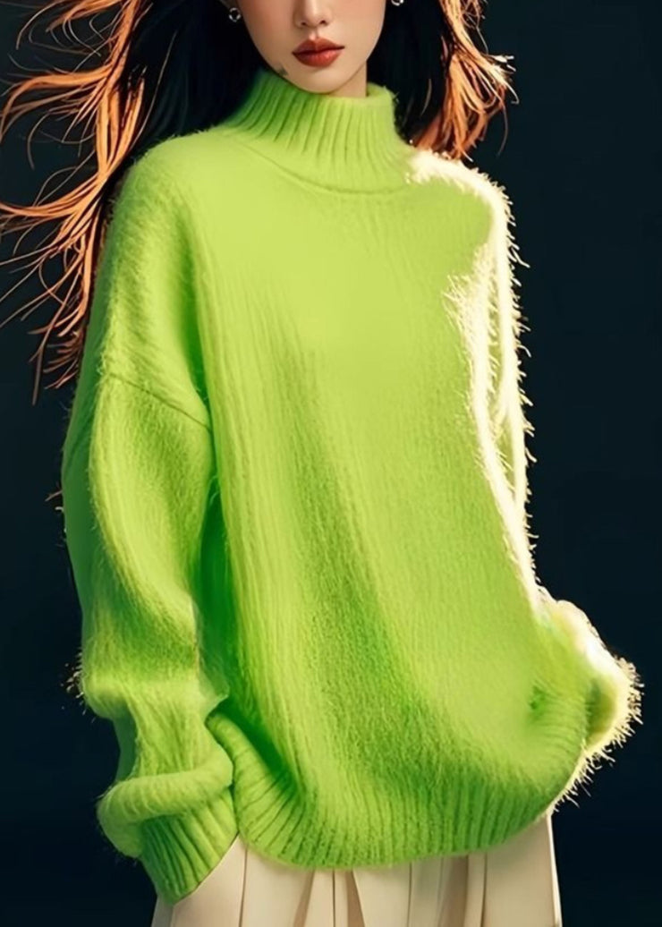 Fashion Green Hign Neck Patchwork Knit Sweater Tops Spring