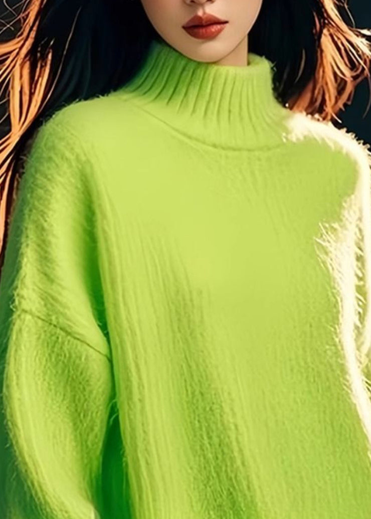 Fashion Green Hign Neck Patchwork Knit Sweater Tops Spring