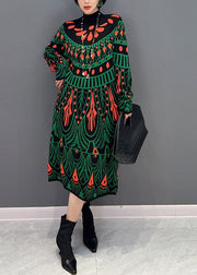 Fashion Green Hign Neck Print Knit Long Dress Winter