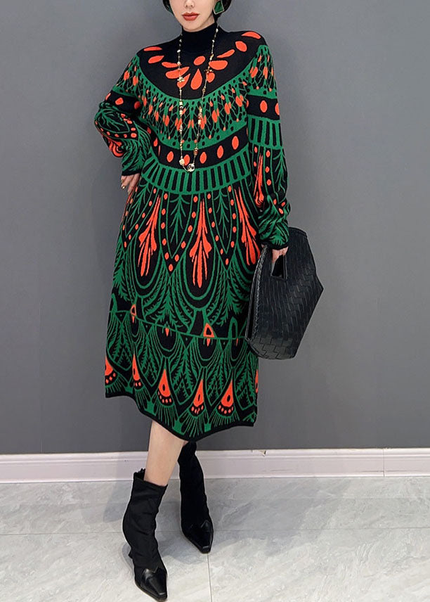 Fashion Green Hign Neck Print Knit Long Dress Winter