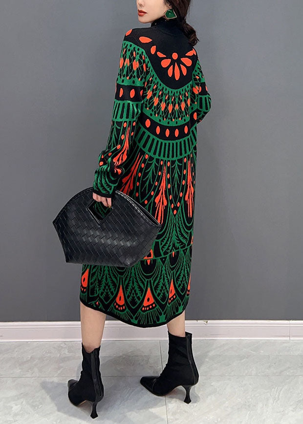 Fashion Green Hign Neck Print Knit Long Dress Winter