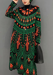 Fashion Green Hign Neck Print Knit Long Dress Winter