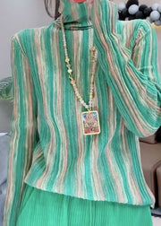 Fashion Green Hign Neck Striped Knit Blouse Tops Spring