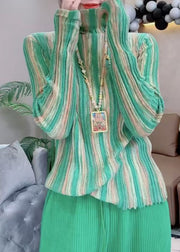 Fashion Green Hign Neck Striped Knit Blouse Tops Spring