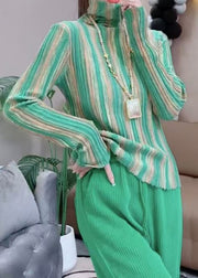 Fashion Green Hign Neck Striped Knit Blouse Tops Spring