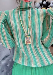 Fashion Green Hign Neck Striped Knit Blouse Tops Spring