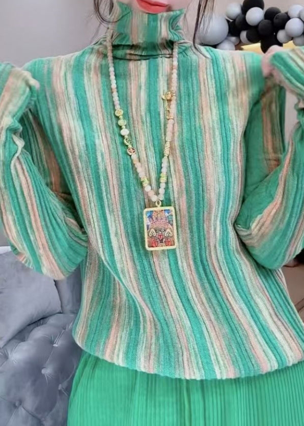 Fashion Green Hign Neck Striped Knit Blouse Tops Spring