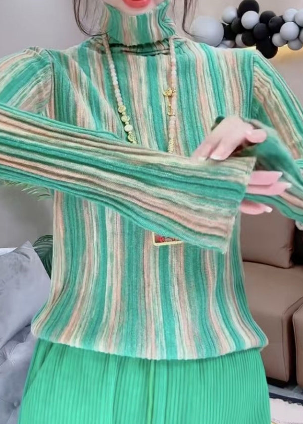 Fashion Green Hign Neck Striped Knit Blouse Tops Spring