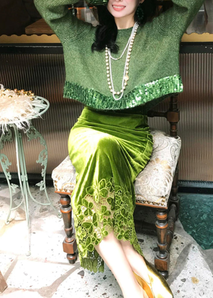 Fashion Green Hollow Out Cotton Knit Sweaters And Maxi Skirts Two Piece Set Winter