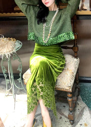 Fashion Green Hollow Out Cotton Knit Sweaters And Maxi Skirts Two Piece Set Winter