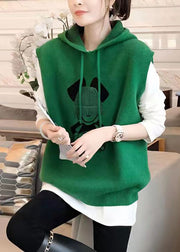 Fashion Green Hooded Patchwork Knit Vest Top Sleeveless