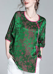 Fashion Green O-Neck Asymmetrical Button Silk Top Summer