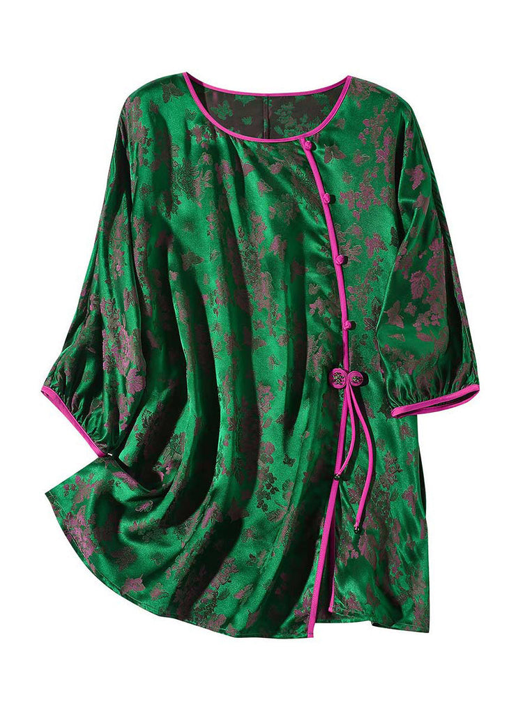 Fashion Green O-Neck Asymmetrical Button Silk Top Summer