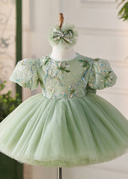 Fashion Green O-Neck Embroideried Tulle Kids Maxi Dress Puff Sleeve