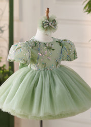 Fashion Green O-Neck Embroideried Tulle Kids Maxi Dress Puff Sleeve