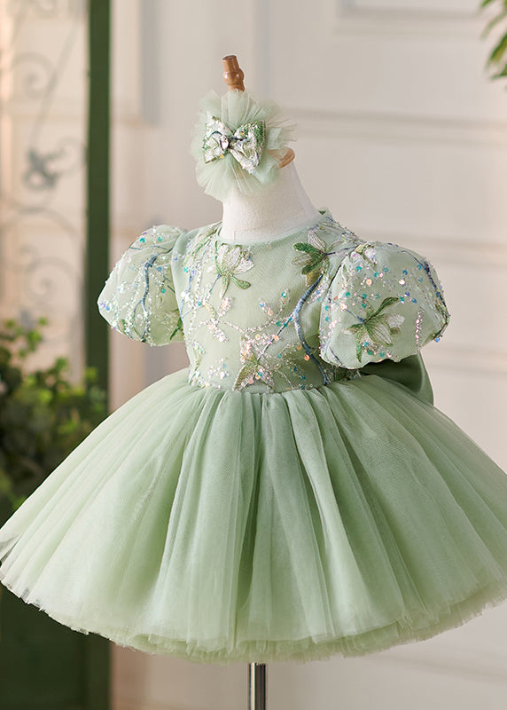 Fashion Green O-Neck Embroideried Tulle Kids Maxi Dress Puff Sleeve