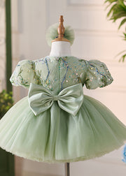 Fashion Green O-Neck Embroideried Tulle Kids Maxi Dress Puff Sleeve