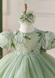 Fashion Green O-Neck Embroideried Tulle Kids Maxi Dress Puff Sleeve