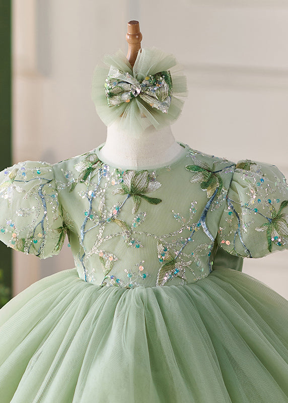 Fashion Green O-Neck Embroideried Tulle Kids Maxi Dress Puff Sleeve