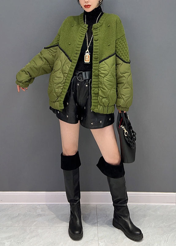 Fashion Green O Neck Knit Patchwork Cotton Filled Jackets Winter