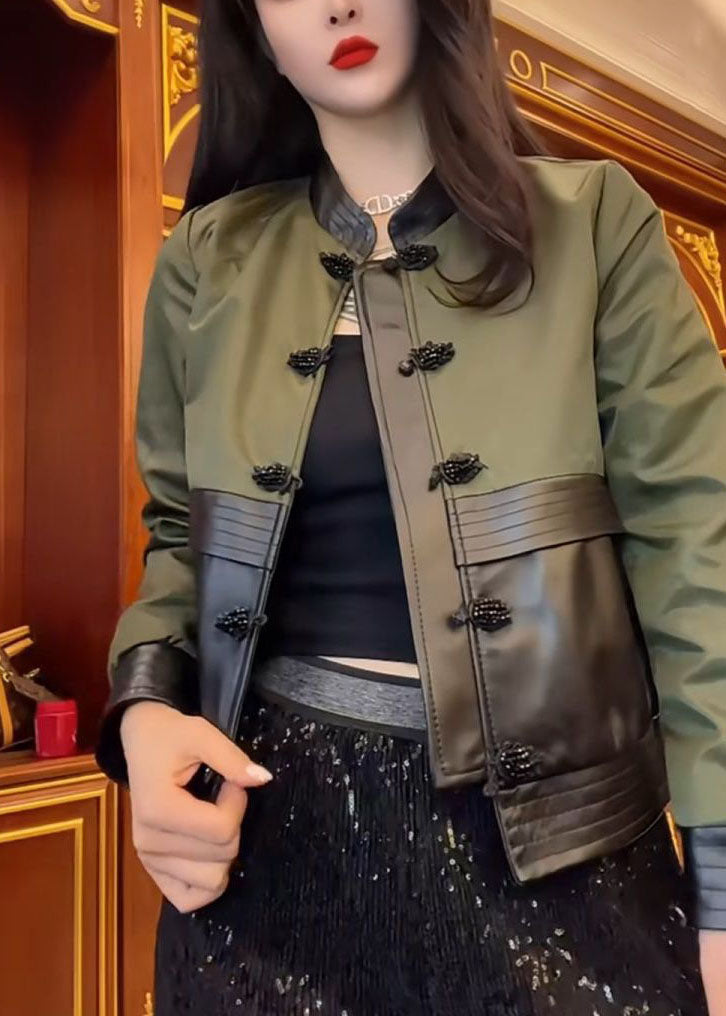 Fashion Green O-Neck Patchwork Button Leather Jacket Fall