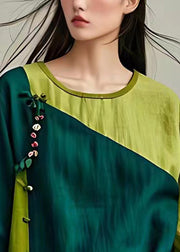 Fashion Green O-Neck Patchwork Floral Bow Shirt Flare Sleeve
