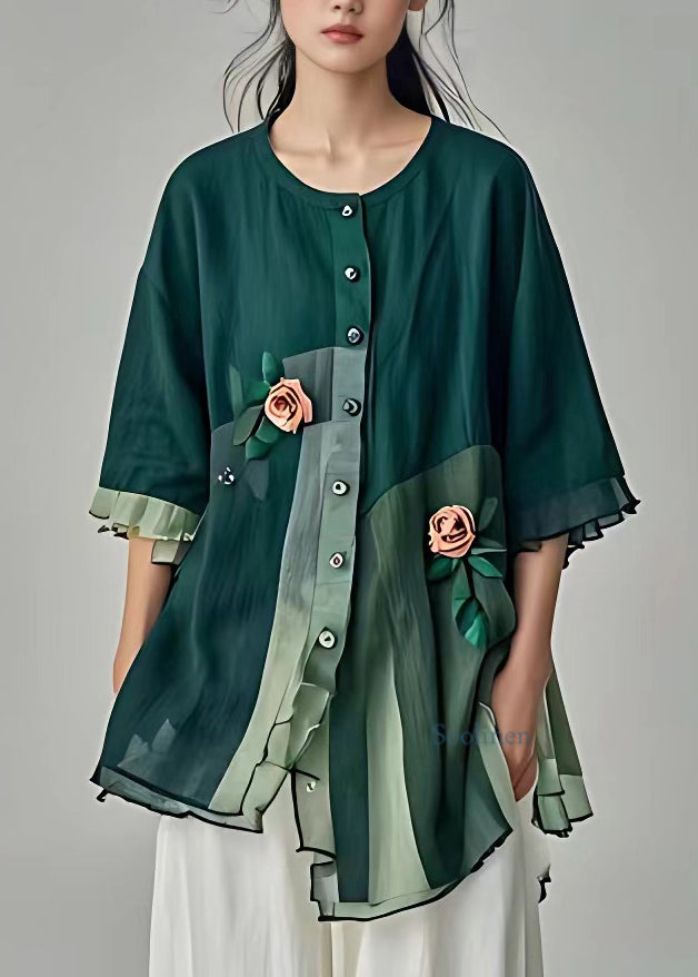 Fashion Green O-Neck Patchwork Floral Shirt Fall