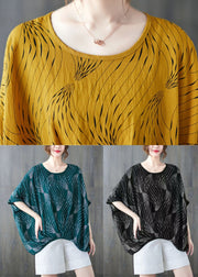 Fashion Green O-Neck Print Cotton Pullover Tops Short Sleeve