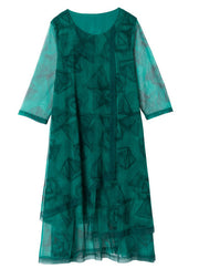 Fashion Green O-Neck Print Patchwork Tulle Maxi Dresses Summer