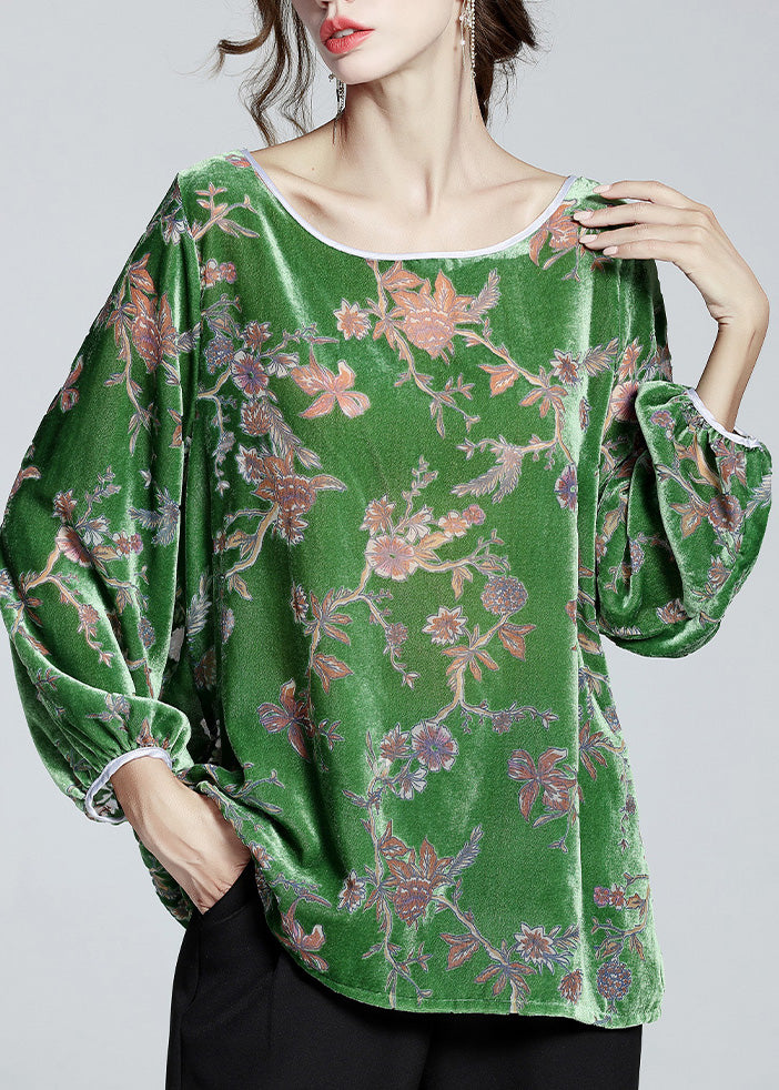 Fashion Green O-Neck Print Velour Top Spring