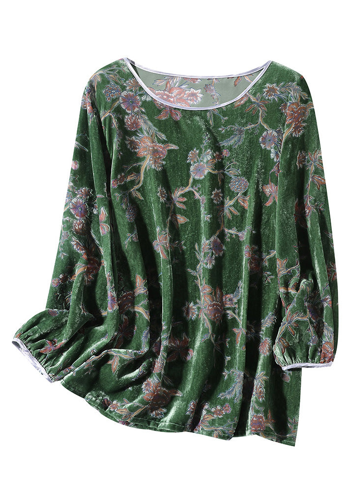 Fashion Green O-Neck Print Velour Top Spring