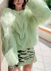 Fashion Green O Neck Raccoon Fur Patchwork Knit Pullover Lantern Sleeve