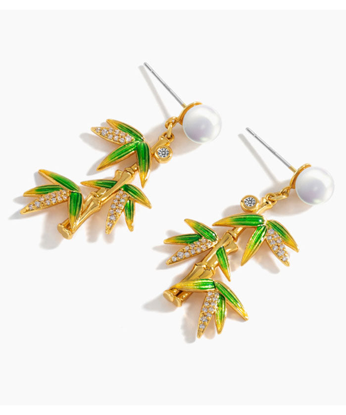 Fashion Green Overgild Zircon Pearl Bamboo Drop Earrings