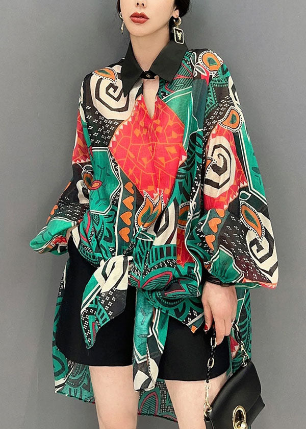 Fashion Green Oversized Print Chiffon Long Shirts Spring