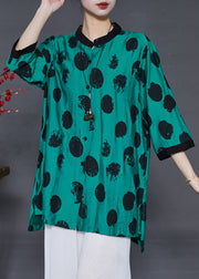 Fashion Green Oversized Print Linen Silk Long Shirt Summer