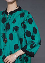 Fashion Green Oversized Print Linen Silk Long Shirt Summer